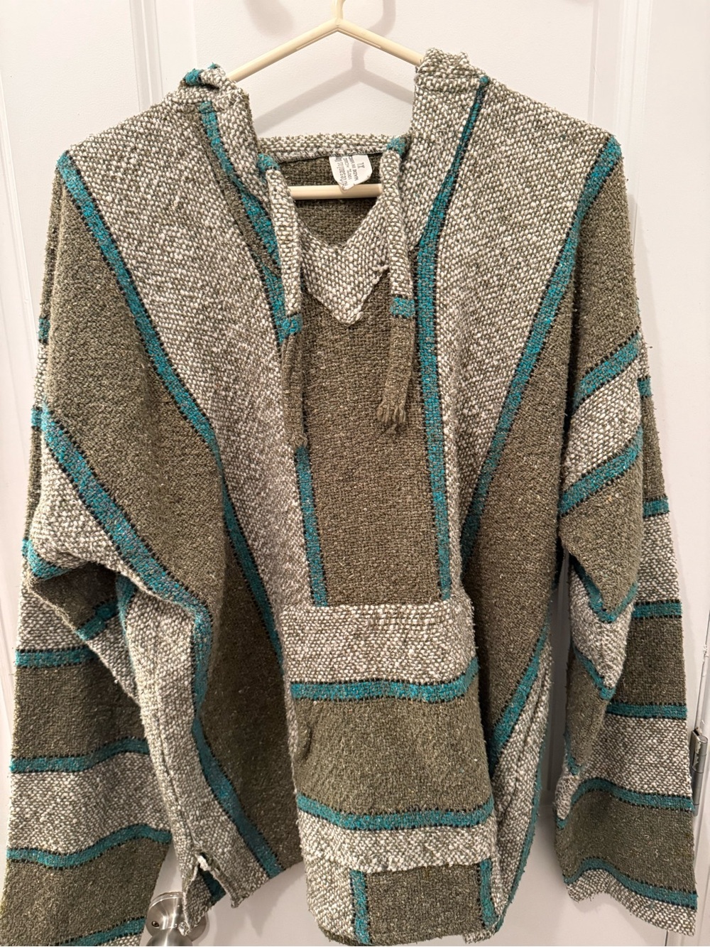 Bohemian Hooded Pullover Sweater in Olive with Teal Trim
